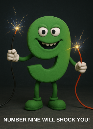 "Number nine will shock you"... a green anthropomorphized numeral nine holds two sparking electrical cables facing the viewer with a troubling expression.